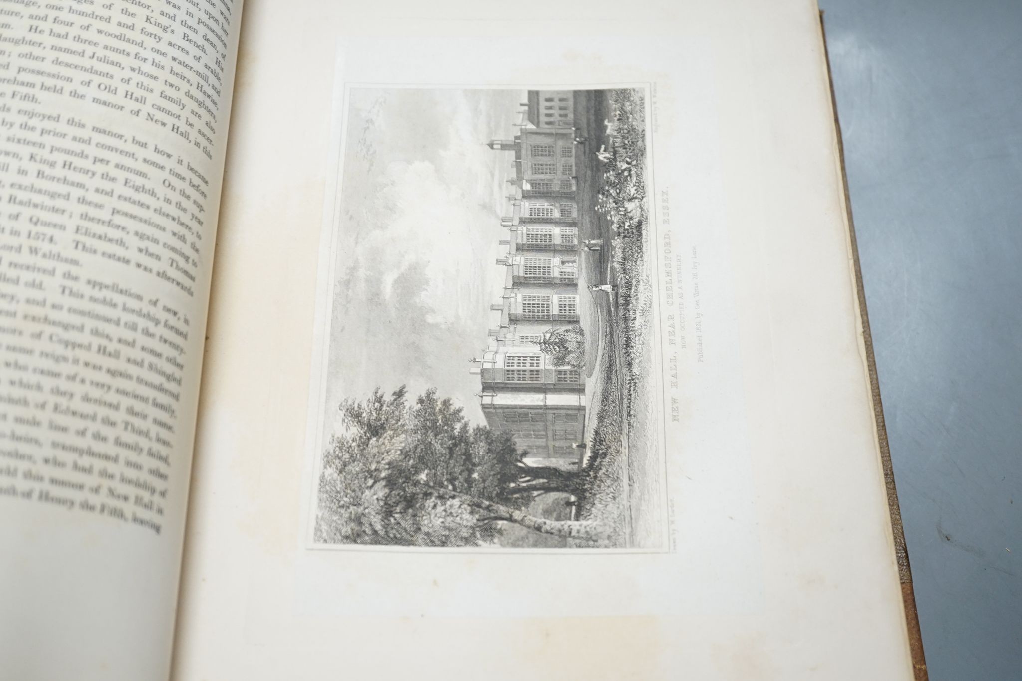 Wright, Thomas - The History and Topography of the County of Essex... 2 vols, pictorial engraved titles, a map and 98 steel-engraved plates; later 19th century gilt-ruled half